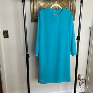 Teal blue long-sleeved vintage shift dress.